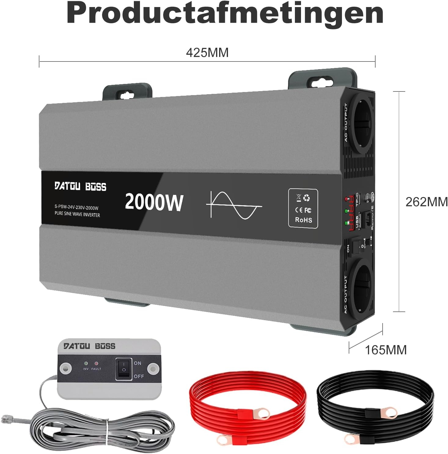 DATOUBOSS Omvormer 24v naar 230v Zuivere Sinus 2000w, Omvormer 24v naar 230v met AC-aansluiting en 3A USB-poort Soor Thuis, Camper, Off-Grid Zonne-energie-omvormer (SAK-24V2000W) - Maat 24V 2000W