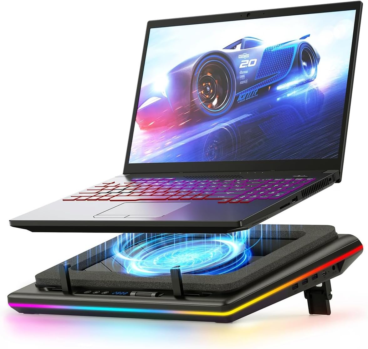 llano RGB Gaming Laptop Koelpad, koelpad met traploze touch-bediening en 3 poorten USB A, grote krachtige turbo-ventilator, afdichtingsschuim voor 15-19 inch computernotebook