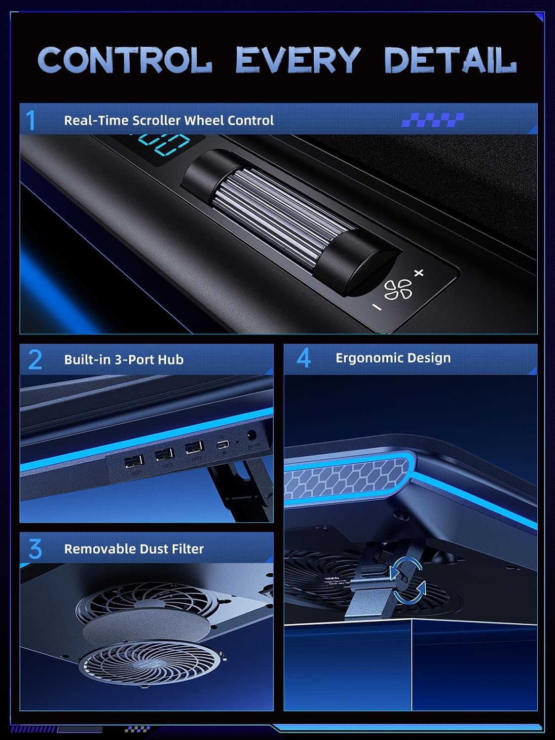 llano RGB Gaming Laptop Koelpad, koelpad met traploze touch-bediening en 3 poorten USB A, grote krachtige turbo-ventilator, afdichtingsschuim voor 15-19 inch computernotebook