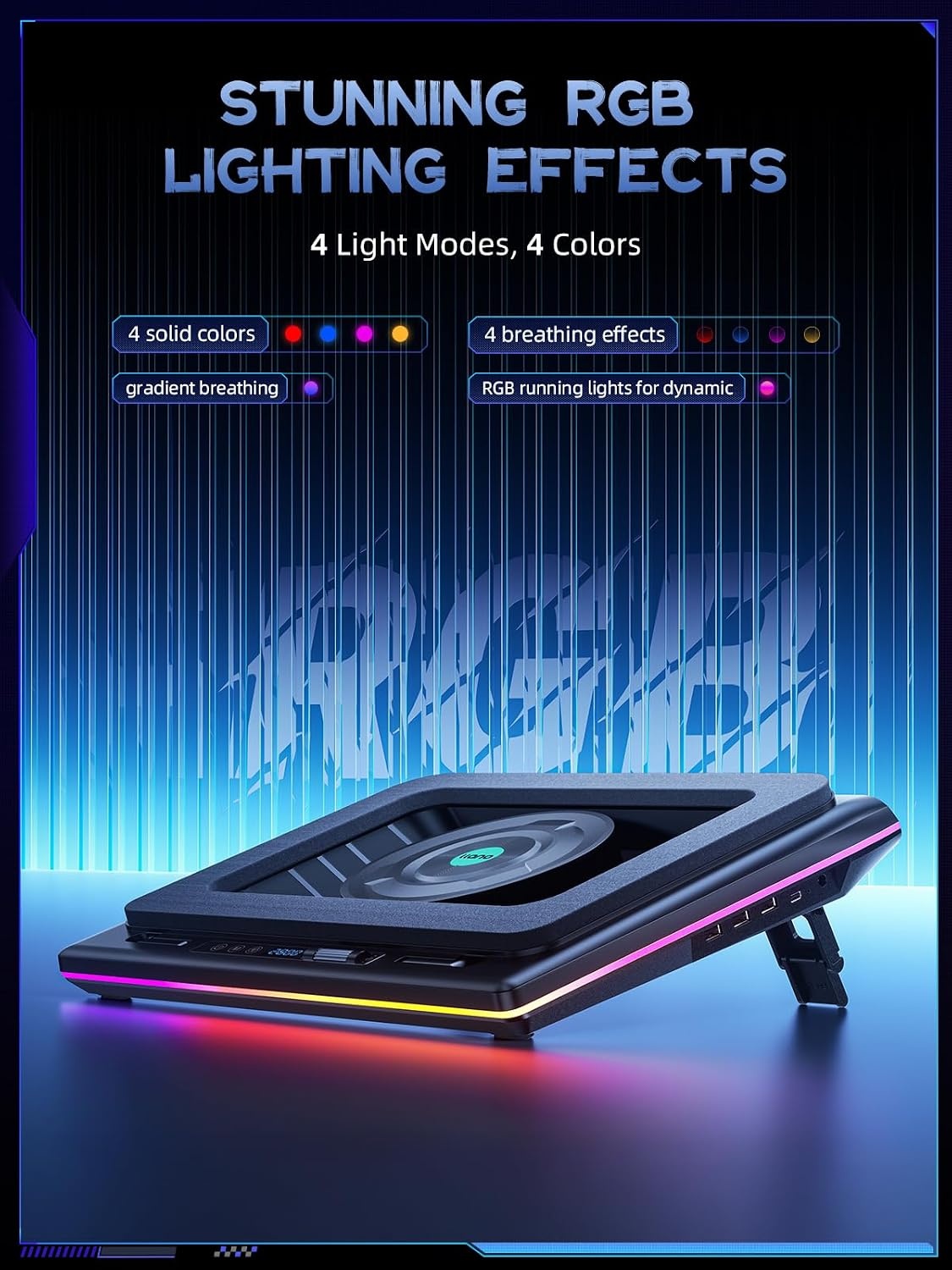 llano RGB Gaming Laptop Koelpad, koelpad met traploze touch-bediening en 3 poorten USB A, grote krachtige turbo-ventilator, afdichtingsschuim voor 15-19 inch computernotebook