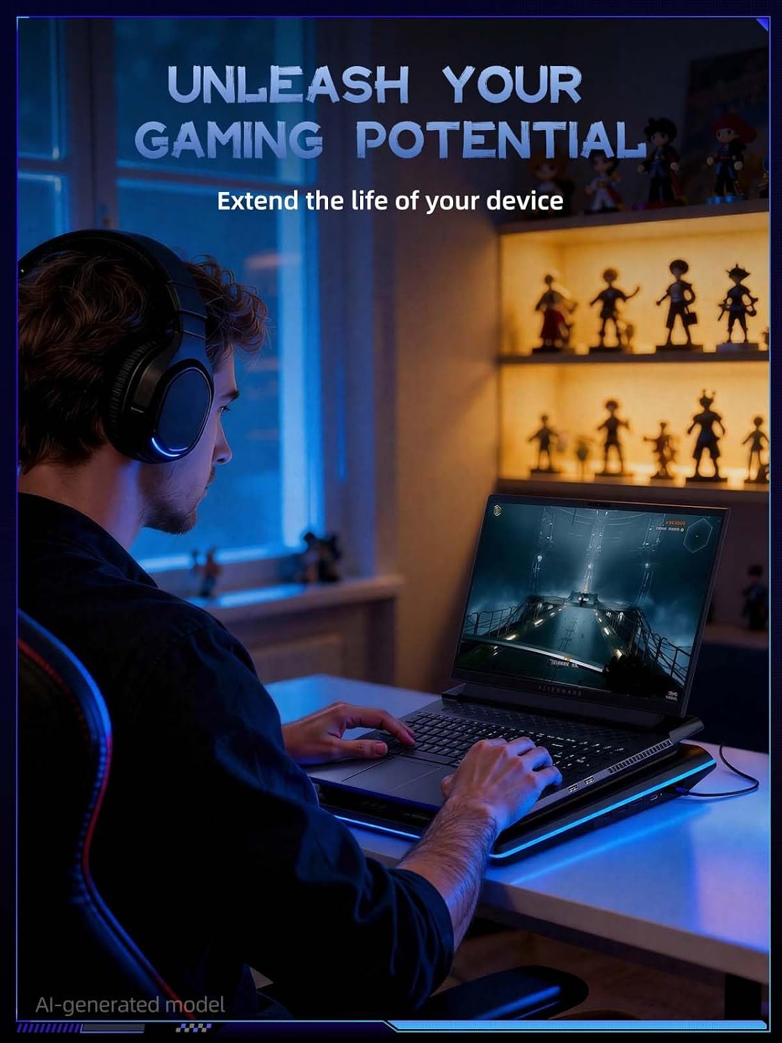 llano RGB Gaming Laptop Koelpad, koelpad met traploze touch-bediening en 3 poorten USB A, grote krachtige turbo-ventilator, afdichtingsschuim voor 15-19 inch computernotebook
