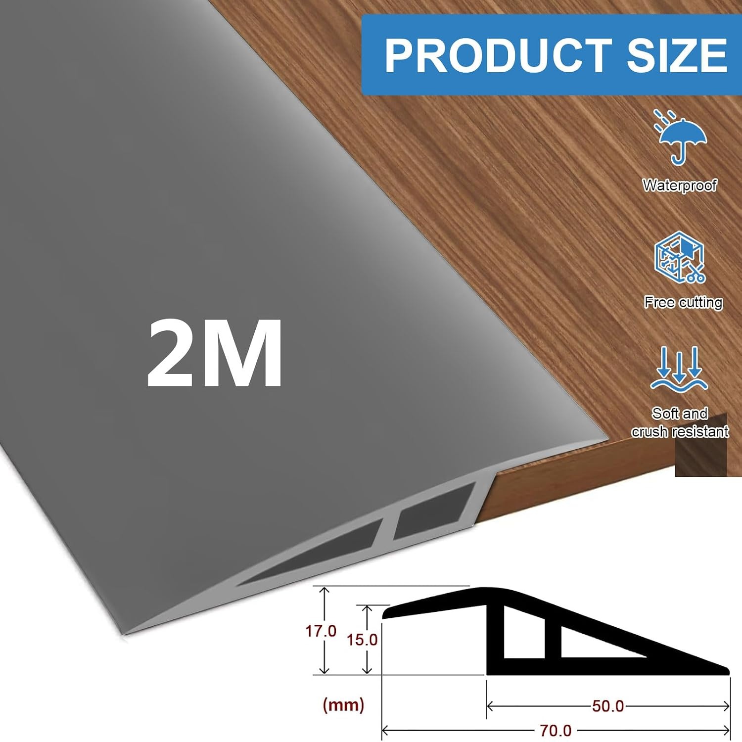2m * 7cm PVC Overgangsprofiel Hoogtecompensatie Zelfklevend, Overgangslijst Vloerovergangsprofiel voor Hoogteverschil van 10~15mm, Overgangsstrip voor Vloeren en Laminaat (Grijs)