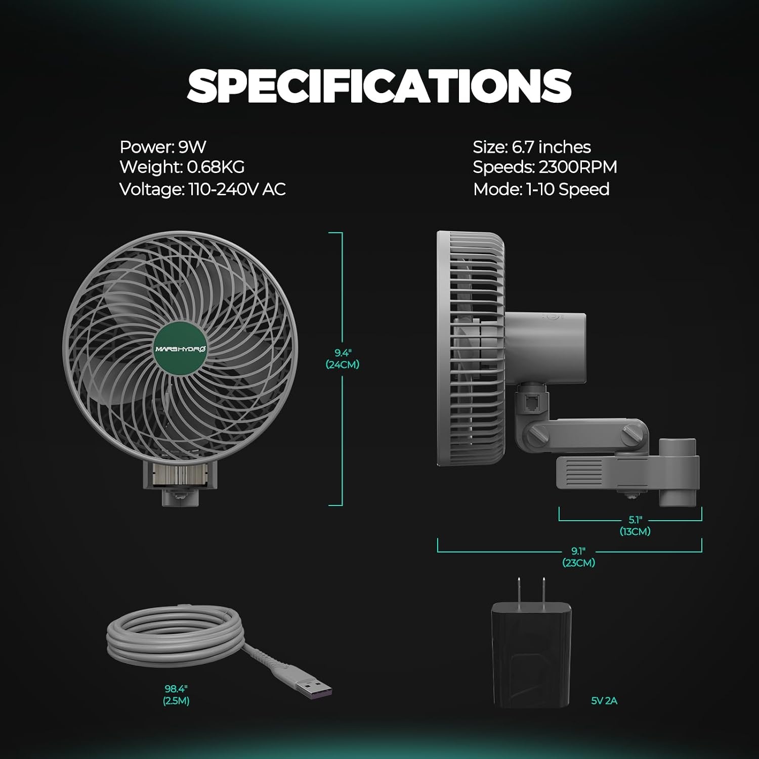 MARS HYDRO Grow ventilator, oscillerend, met clip, 15,2 cm, 10 windstanden - Maat 2 stuks