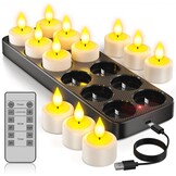 Yme Oplaadbare theelichtjes met timerfunctie en laadstation, 12 led-theelichtjes, kaarsen, flikkerend, met afstandsbediening, timer, voor kamer, woonkamer, Halloween, Kerstmis, tafel, feestdecoratie
