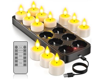 Yme Oplaadbare theelichtjes met timerfunctie en laadstation, 12 led-theelichtjes, kaarsen, flikkerend, met afstandsbediening, timer, voor kamer, woonkamer, Halloween, Kerstmis, tafel, feestdecoratie