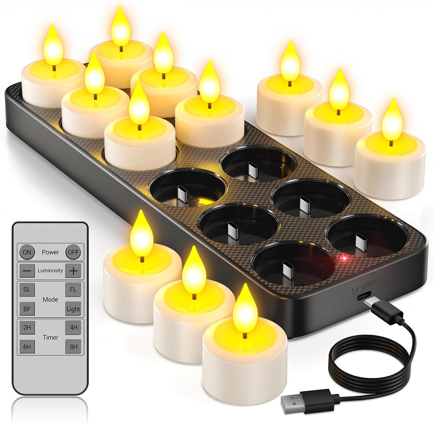 Yme Oplaadbare theelichtjes met timerfunctie en laadstation, 12 led-theelichtjes, kaarsen, flikkerend, met afstandsbediening, timer, voor kamer, woonkamer, Halloween, Kerstmis, tafel, feestdecoratie