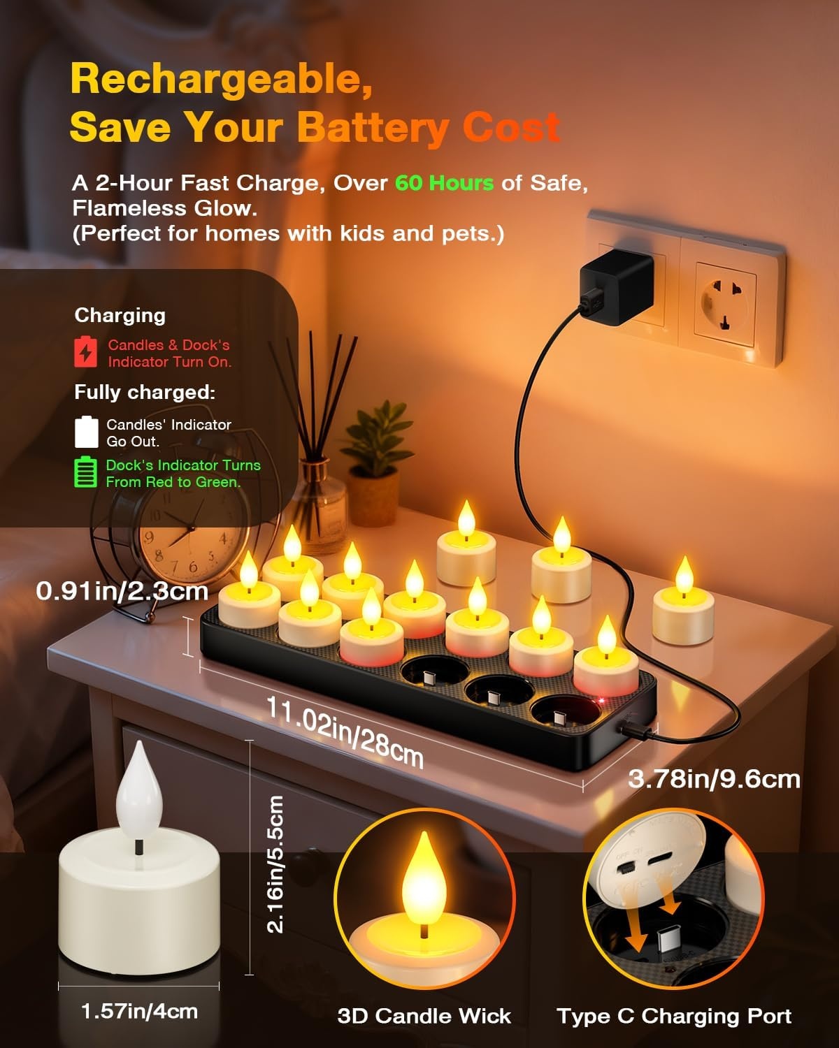 Yme Oplaadbare theelichtjes met timerfunctie en laadstation, 12 led-theelichtjes, kaarsen, flikkerend, met afstandsbediening, timer, voor kamer, woonkamer, Halloween, Kerstmis, tafel, feestdecoratie