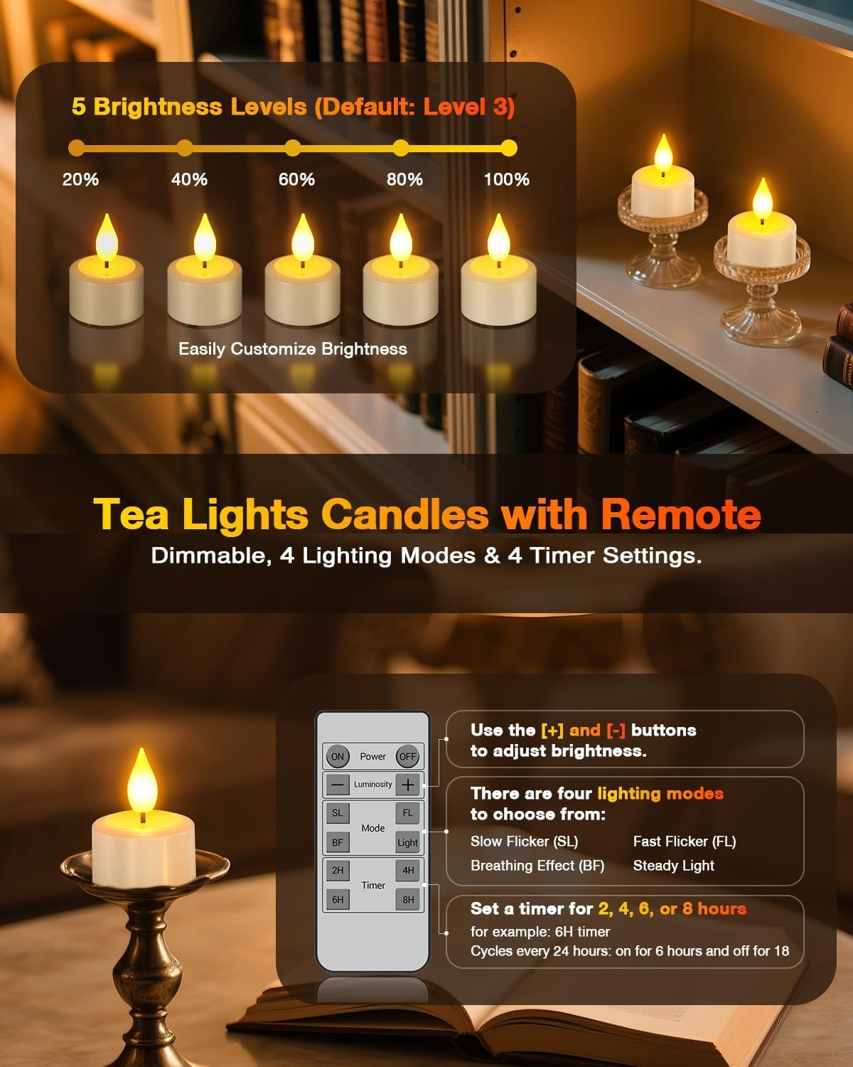 Yme Oplaadbare theelichtjes met timerfunctie en laadstation, 12 led-theelichtjes, kaarsen, flikkerend, met afstandsbediening, timer, voor kamer, woonkamer, Halloween, Kerstmis, tafel, feestdecoratie