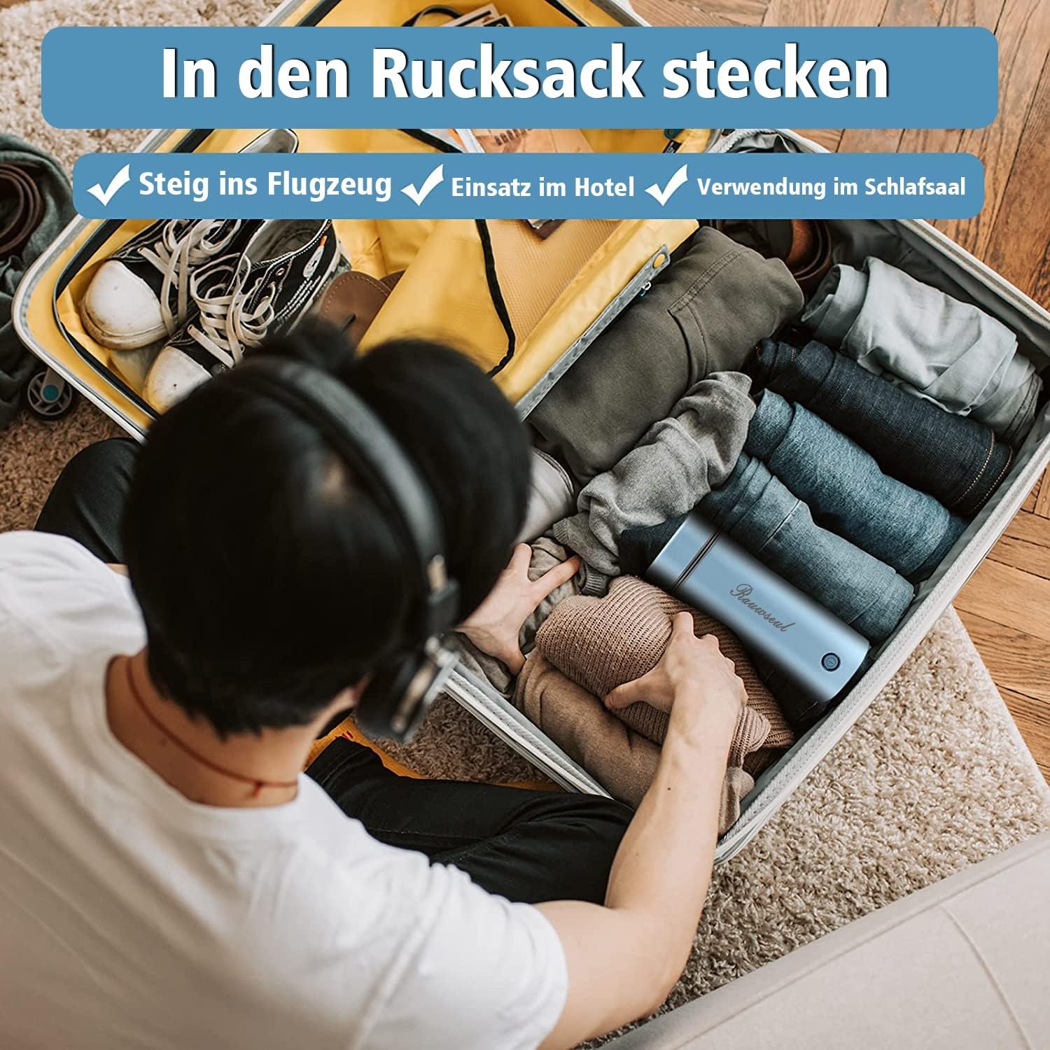 Reis elektrische waterkoker 350ml Verwarmingscapaciteit,Totale Capaciteit 450ml,Draagbare Mini Mok,Mini Thermos 304 Roestvrij Staal Voering,300W Snelkook Verwarmingsmok(Blauw)