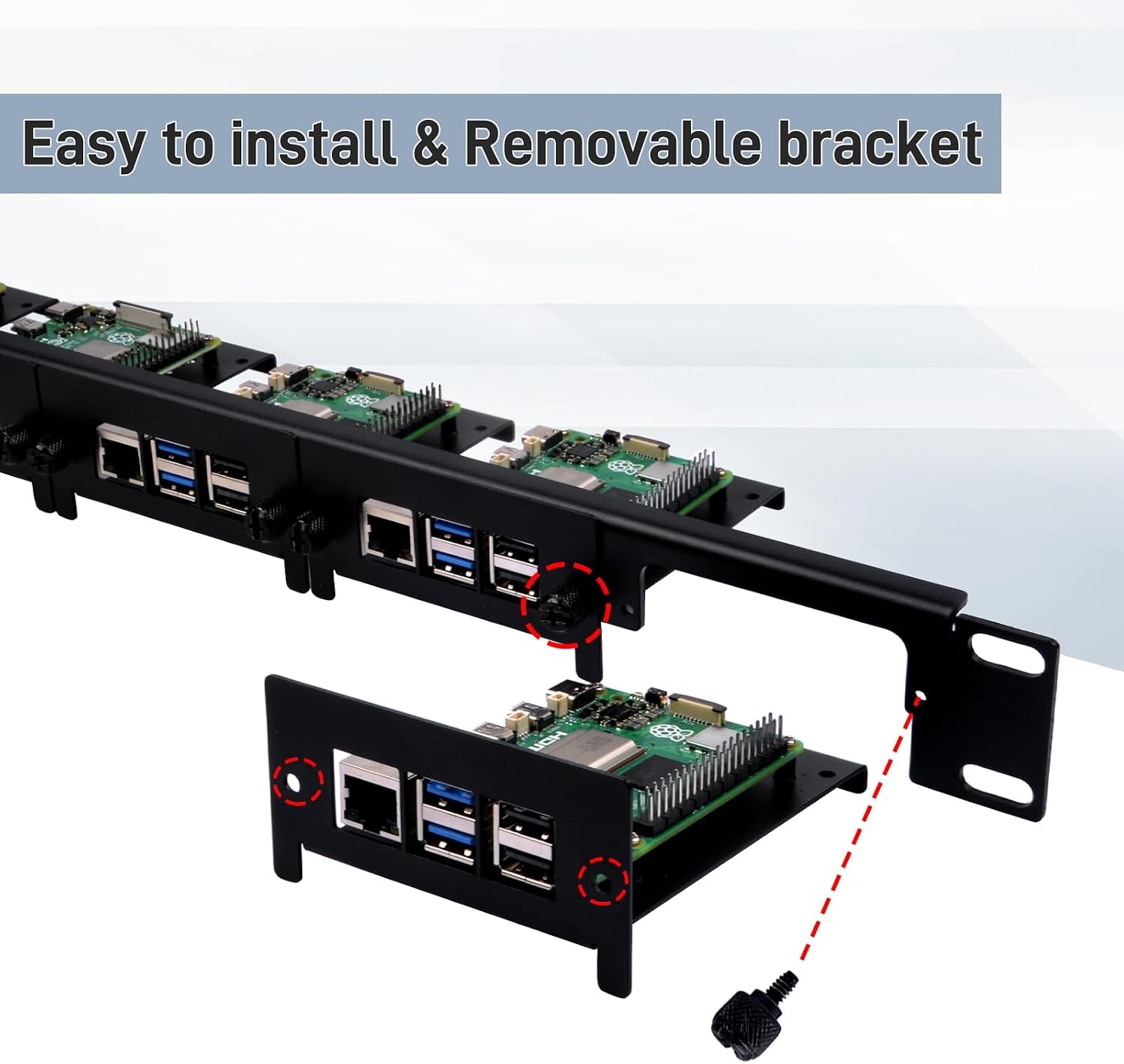 GeeekPi 19 inch 1U Rackmount voor Raspberry Pi 5/4B/3B+, zwart, met verwijderbare frontbeugels