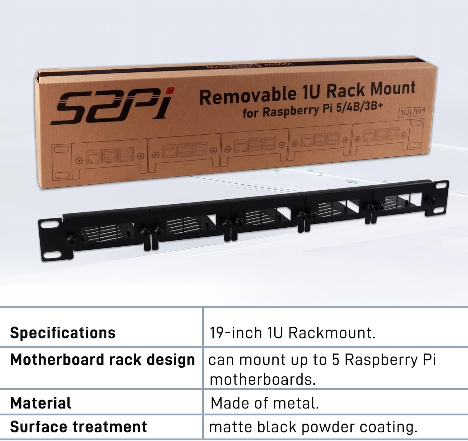 GeeekPi 19 inch 1U Rackmount voor Raspberry Pi 5/4B/3B+, zwart, met verwijderbare frontbeugels