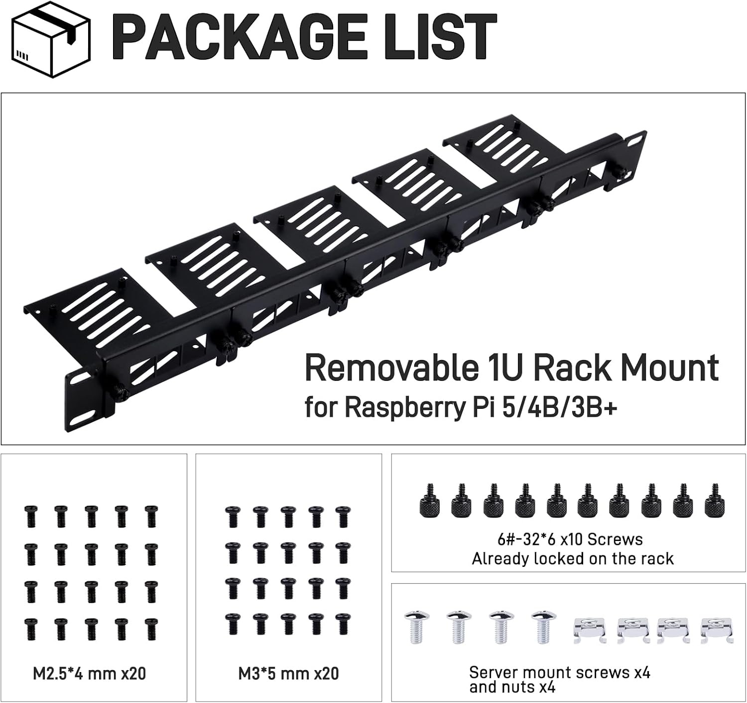 GeeekPi 19 inch 1U Rackmount voor Raspberry Pi 5/4B/3B+, zwart, met verwijderbare frontbeugels