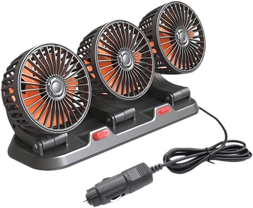 Riloer Draagbare auto koelventilator driekoppige elektrische koeling luchtcirculator voor vrachtwagen, bestelwagen, SUV, camper, boot, automatische 360° roterende ventilator