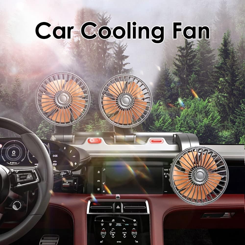 Riloer Draagbare auto koelventilator driekoppige elektrische koeling luchtcirculator voor vrachtwagen, bestelwagen, SUV, camper, boot, automatische 360° roterende ventilator