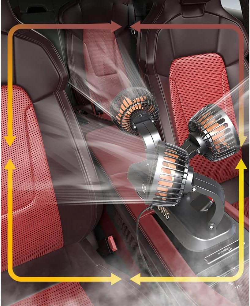 Riloer Draagbare auto koelventilator driekoppige elektrische koeling luchtcirculator voor vrachtwagen, bestelwagen, SUV, camper, boot, automatische 360° roterende ventilator