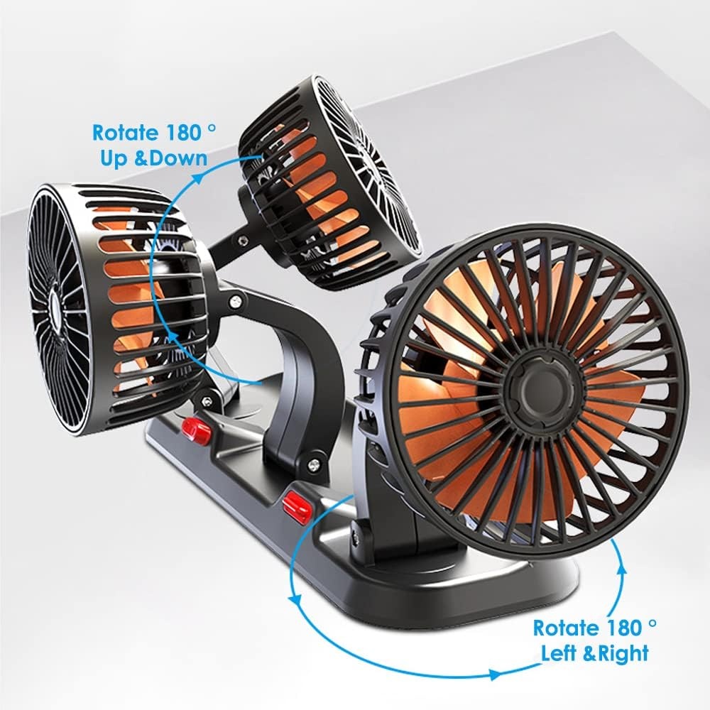 Riloer Draagbare auto koelventilator driekoppige elektrische koeling luchtcirculator voor vrachtwagen, bestelwagen, SUV, camper, boot, automatische 360° roterende ventilator