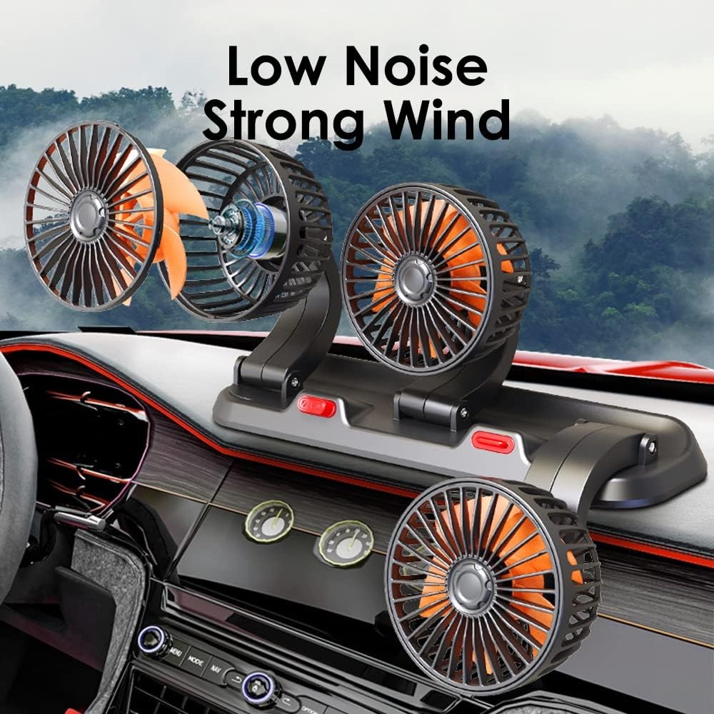Riloer Draagbare auto koelventilator driekoppige elektrische koeling luchtcirculator voor vrachtwagen, bestelwagen, SUV, camper, boot, automatische 360° roterende ventilator