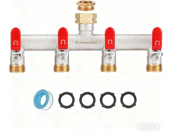 Waterverdeler 4-voudig, 4-weg verdeler water, vernikkeld messing kraanverdeler, tuinverdeler 4-weg met rode handgrepen, 3/4 inch robuustheid zeskantverbindingsadapter 1/2 inch