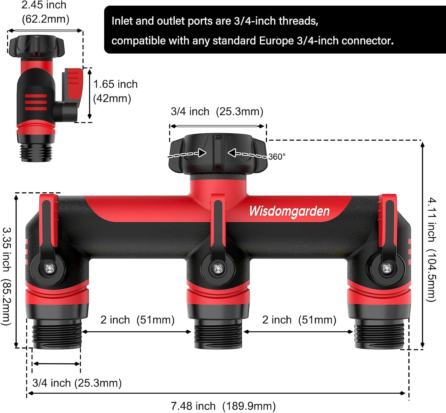 3-weg tuinslang splitterslang, 3/4" schroefdraad omvormer connector, kraanadapter voor slang en irrigatie timers-zwart en rood