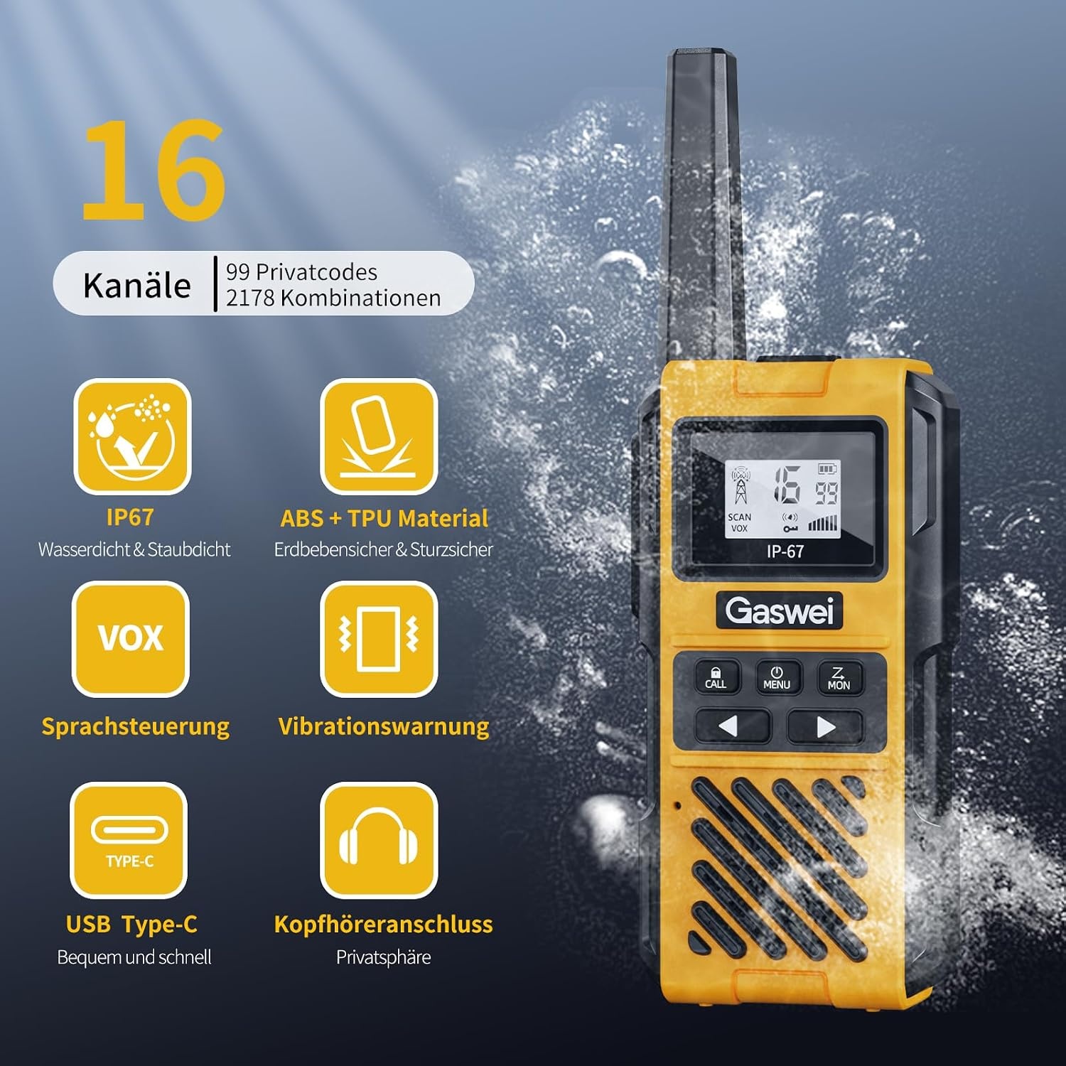 4x Walkie-Talkie Set G1pro IP67 Waterdicht 5km Geel