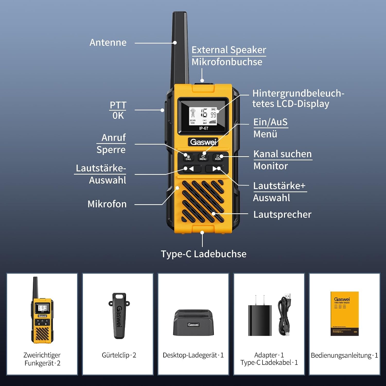 4x Walkie-Talkie Set G1pro IP67 Waterdicht 5km Geel