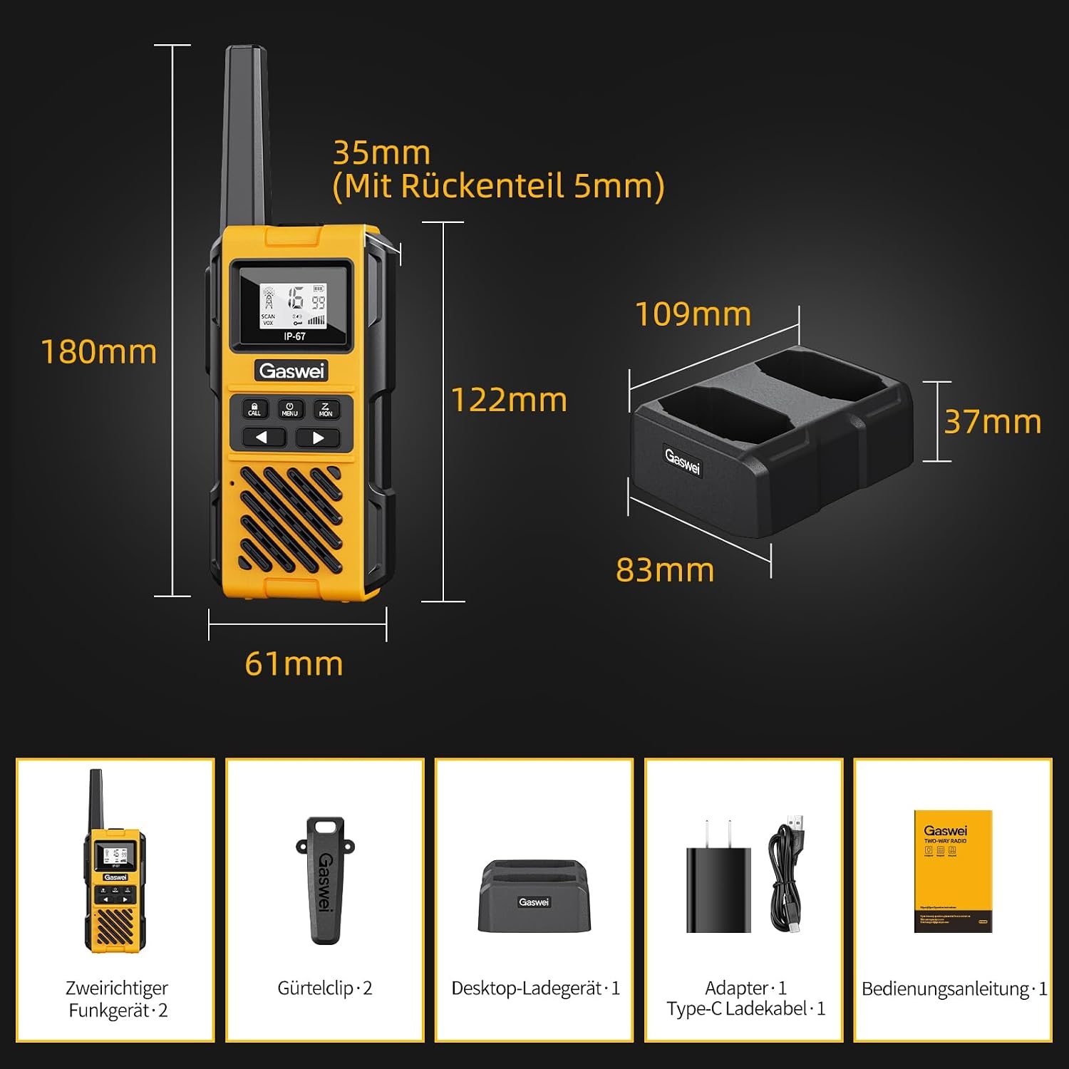 4x Walkie-Talkie Set G1pro IP67 Waterdicht 5km Geel