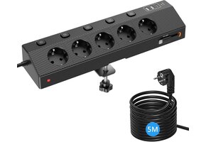 PASSUS Tafelstopcontact 5-voudig met 2x USB-C PD 30W & 5m Kabel - Zwart