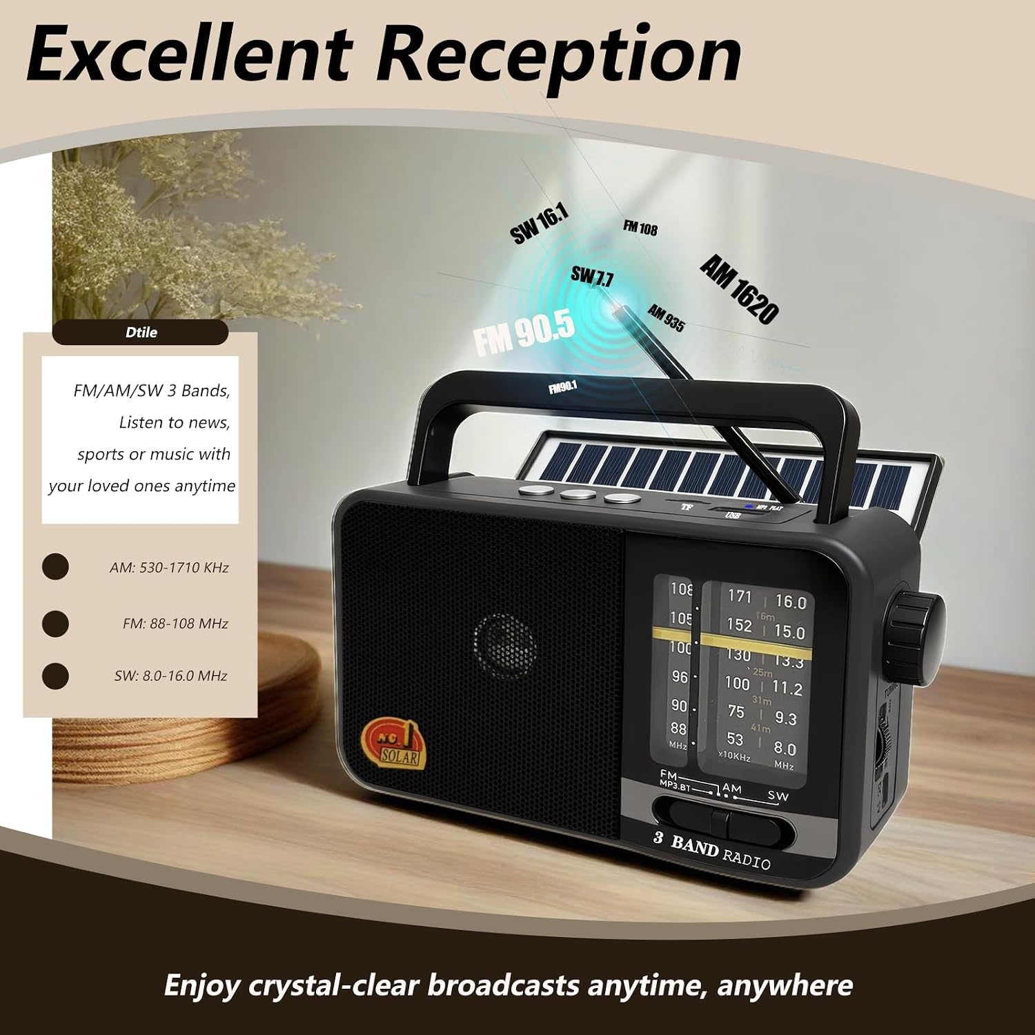 Draagbare Radio met Zonnepaneel & Bluetooth - Grijs (33% Korting)