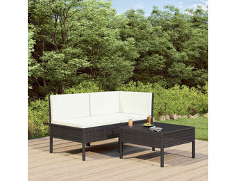 vidaXL 3-delige Loungeset met kussens poly rattan zwart