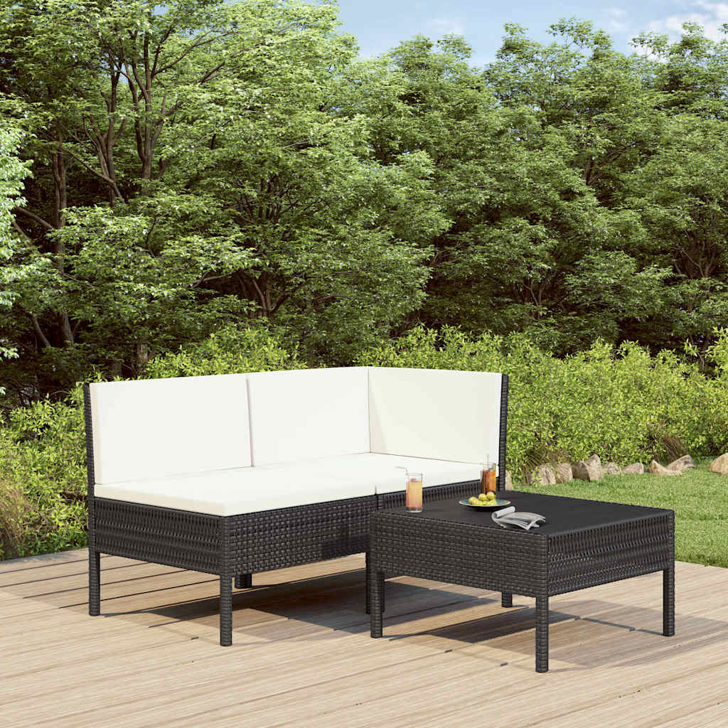 vidaXL 3-delige Loungeset met kussens poly rattan zwart