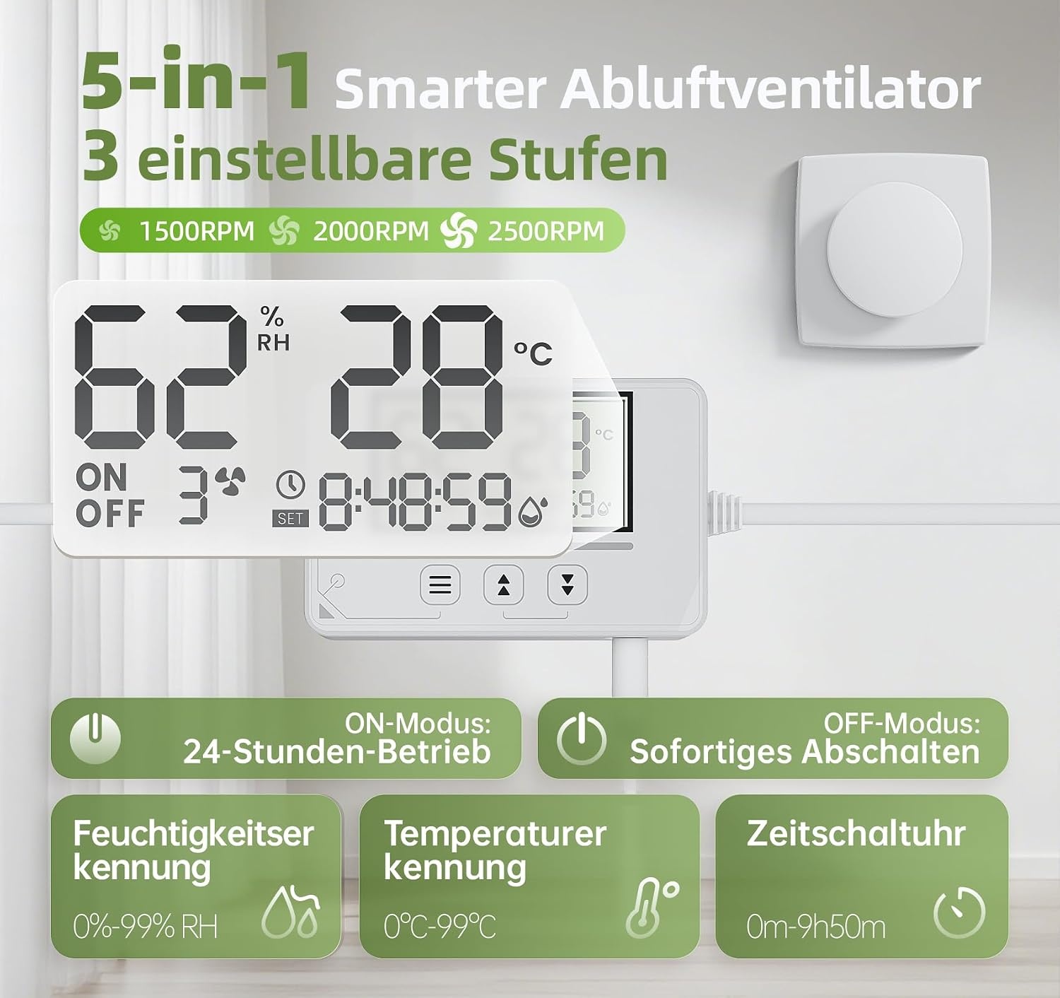 Badkamer ventilator met sensoren (vochtigheid, temperatuur), timer, 3 snelheden, afstandsbediening, realtime display. Krachtige, stille afzuiger voor badkamer, toilet, kelder. Model QU119
