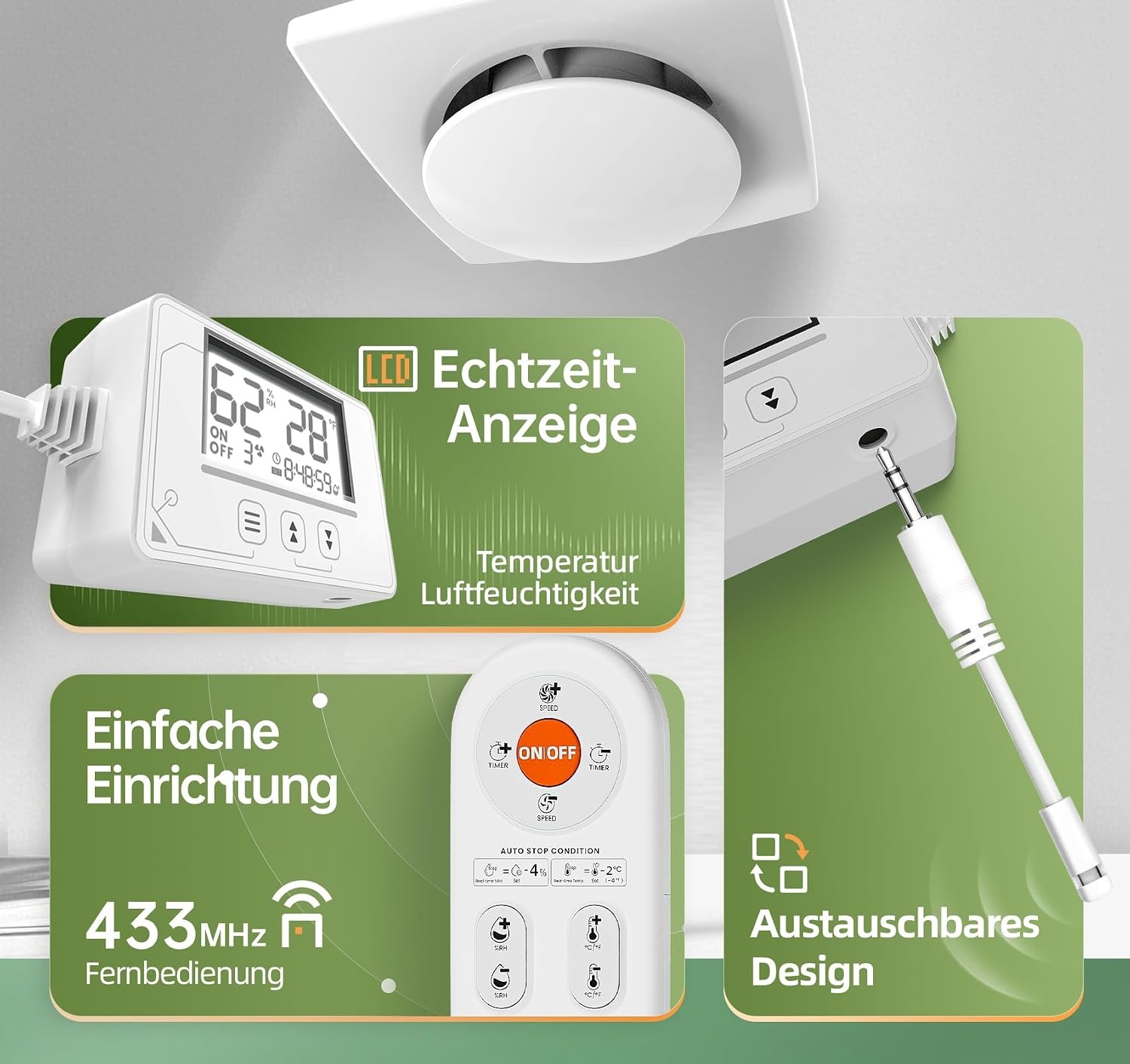 Badkamer ventilator met sensoren (vochtigheid, temperatuur), timer, 3 snelheden, afstandsbediening, realtime display. Krachtige, stille afzuiger voor badkamer, toilet, kelder. Model QU119