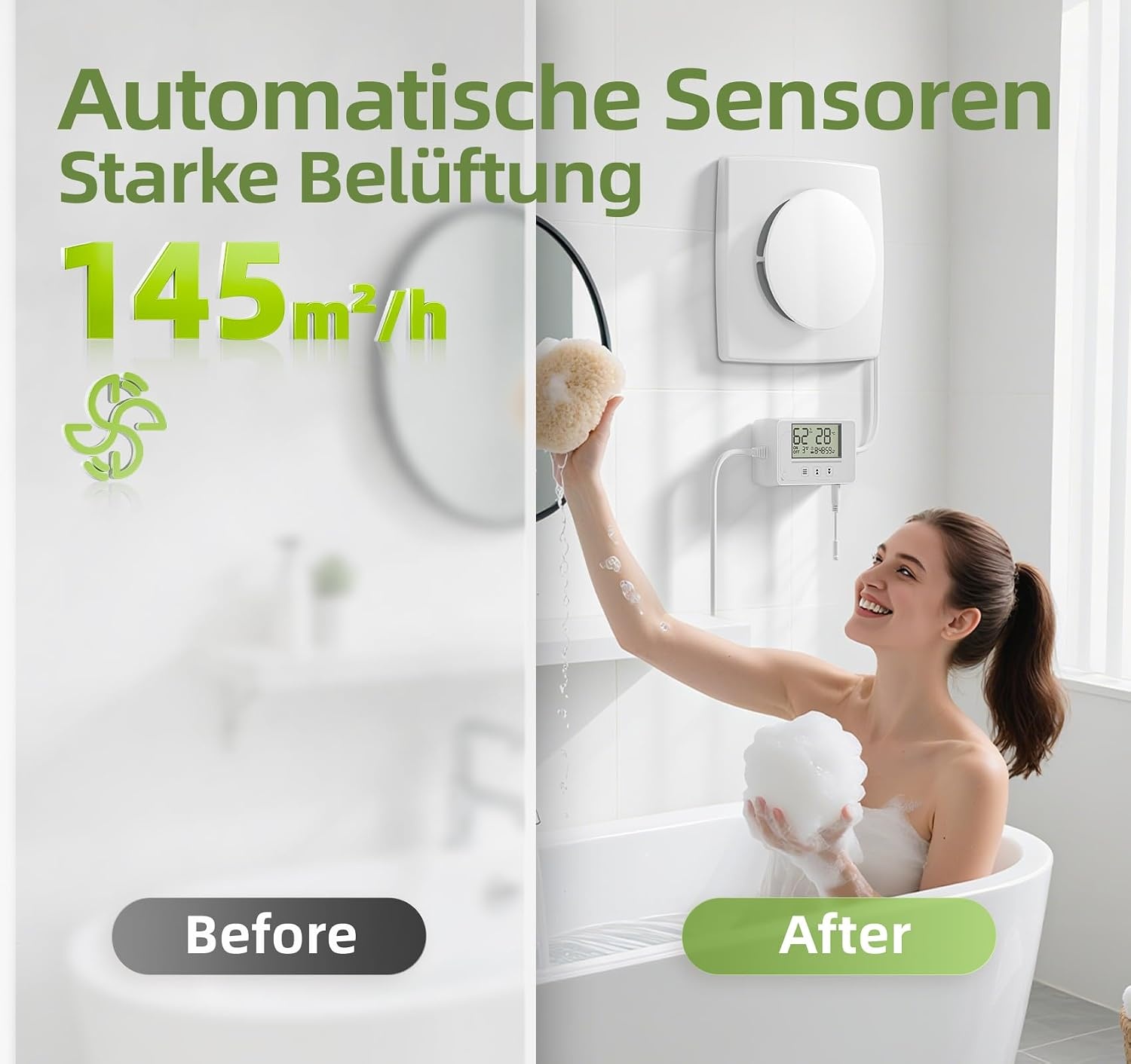 Badkamer ventilator met sensoren (vochtigheid, temperatuur), timer, 3 snelheden, afstandsbediening, realtime display. Krachtige, stille afzuiger voor badkamer, toilet, kelder. Model QU119