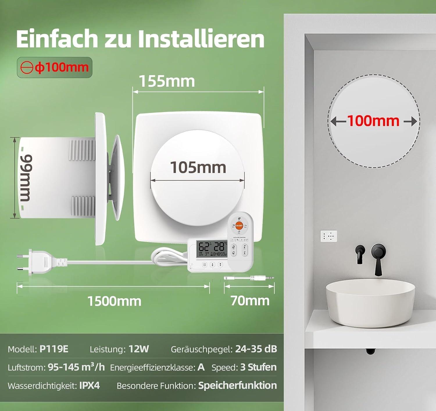 Badkamer ventilator met sensoren (vochtigheid, temperatuur), timer, 3 snelheden, afstandsbediening, realtime display. Krachtige, stille afzuiger voor badkamer, toilet, kelder. Model QU119