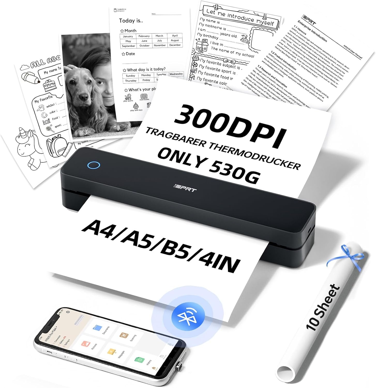 iDPRT MT610pro Portable Thermal Printer, 300DPI - Mobile Bluetooth for On The Move, A4 Suitable for Vehicles, Office, Home, School - Compatible with iOS, Android and Tablet