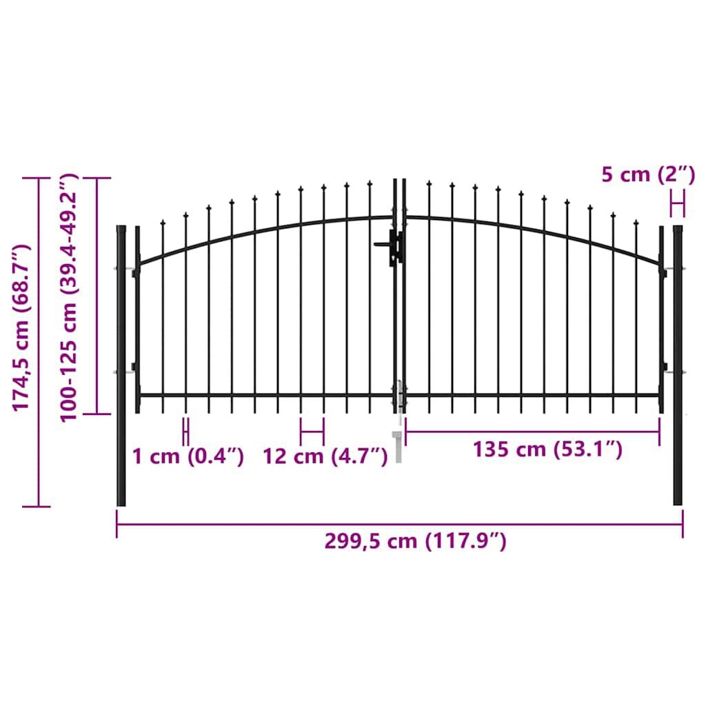 Dubbele tuinpoort met punt, 3x1.25m Staal Zwart - 35% Korting