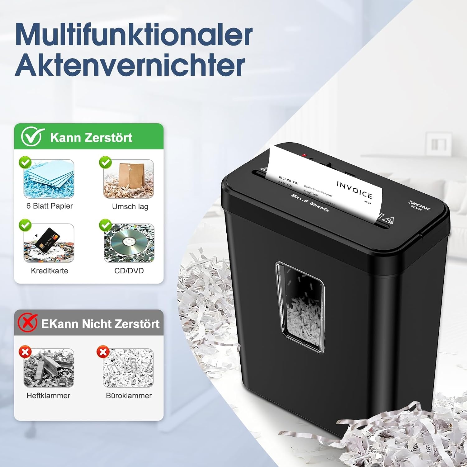 SINCHEREU Papierversnipperaar P4 - 6 vellen, 13L Zwart - 34% Korting