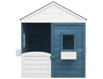 Houten Speelhuis met Afsluitbare Deur en 2 Bloempotten - Blauw/Grijs/Wit - 35% Korting