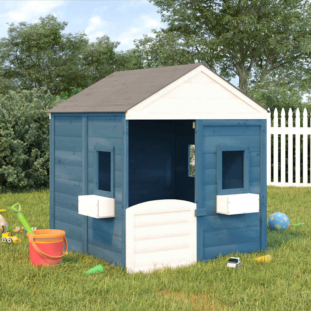 Houten Speelhuis met Afsluitbare Deur en 2 Bloempotten - Blauw/Grijs/Wit - 35% Korting