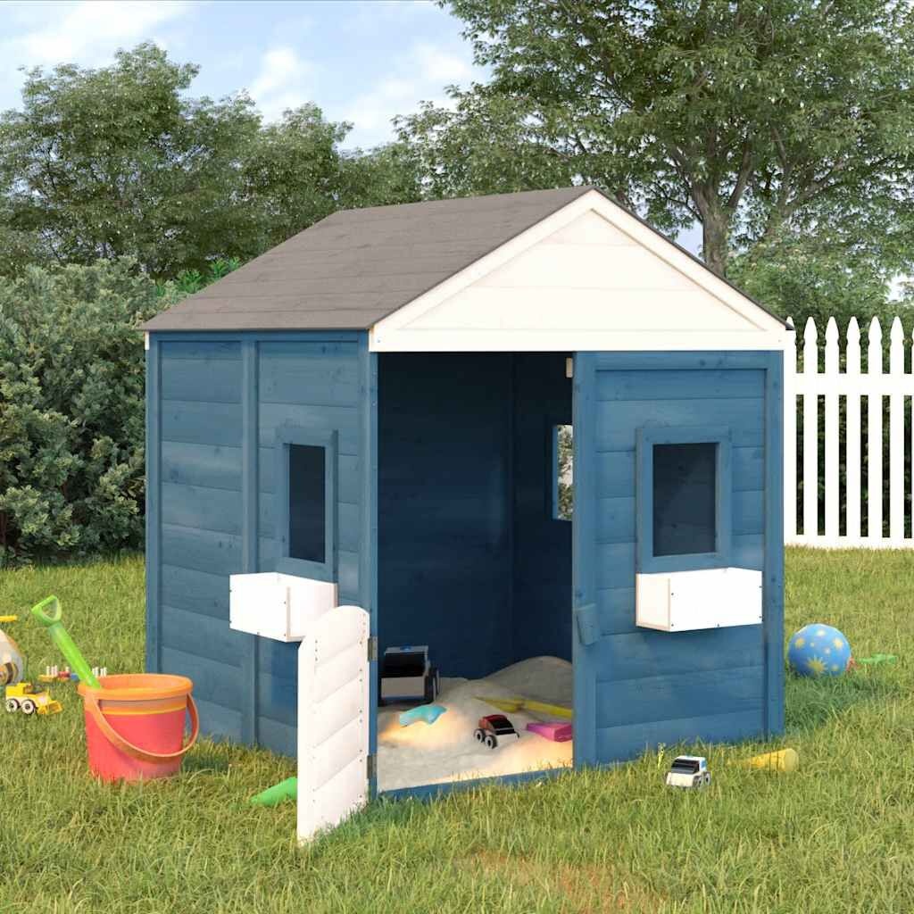 Houten Speelhuis met Afsluitbare Deur en 2 Bloempotten - Blauw/Grijs/Wit - 35% Korting