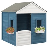 Houten Speelhuis met Afsluitbare Deur en 2 Bloempotten - Blauw/Grijs/Wit - 35% Korting
