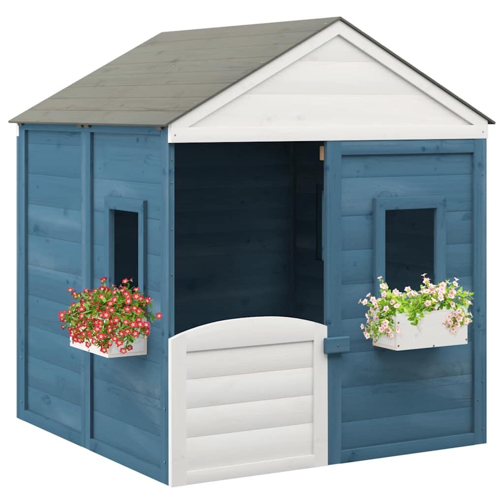 Houten Speelhuis met Afsluitbare Deur en 2 Bloempotten - Blauw/Grijs/Wit - 35% Korting