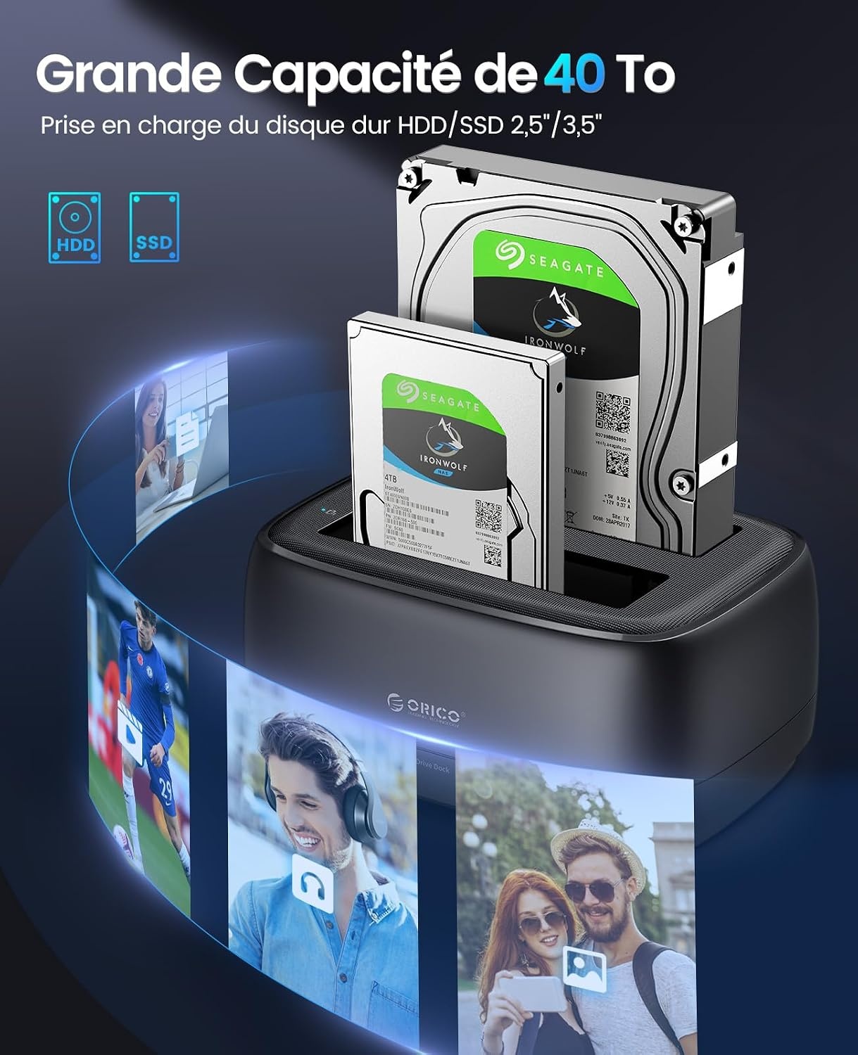 ORICO Docking Station met dubbele schacht USB 3.2 Gen 1 harde schijf behuizing voor alle standaard 2.5" en 3.5" HDD/SSD tot 2x20TB met 12V 3A voeding, gereedschapsloos en UASP-ondersteuning (DD28C3)
