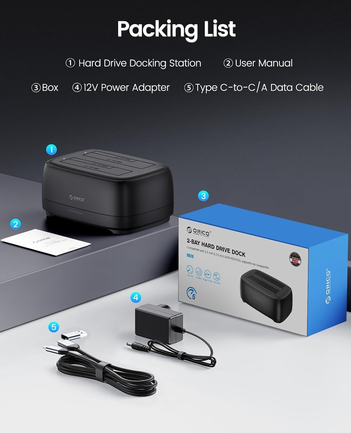 ORICO Docking Station met dubbele schacht USB 3.2 Gen 1 harde schijf behuizing voor alle standaard 2.5" en 3.5" HDD/SSD tot 2x20TB met 12V 3A voeding, gereedschapsloos en UASP-ondersteuning (DD28C3)