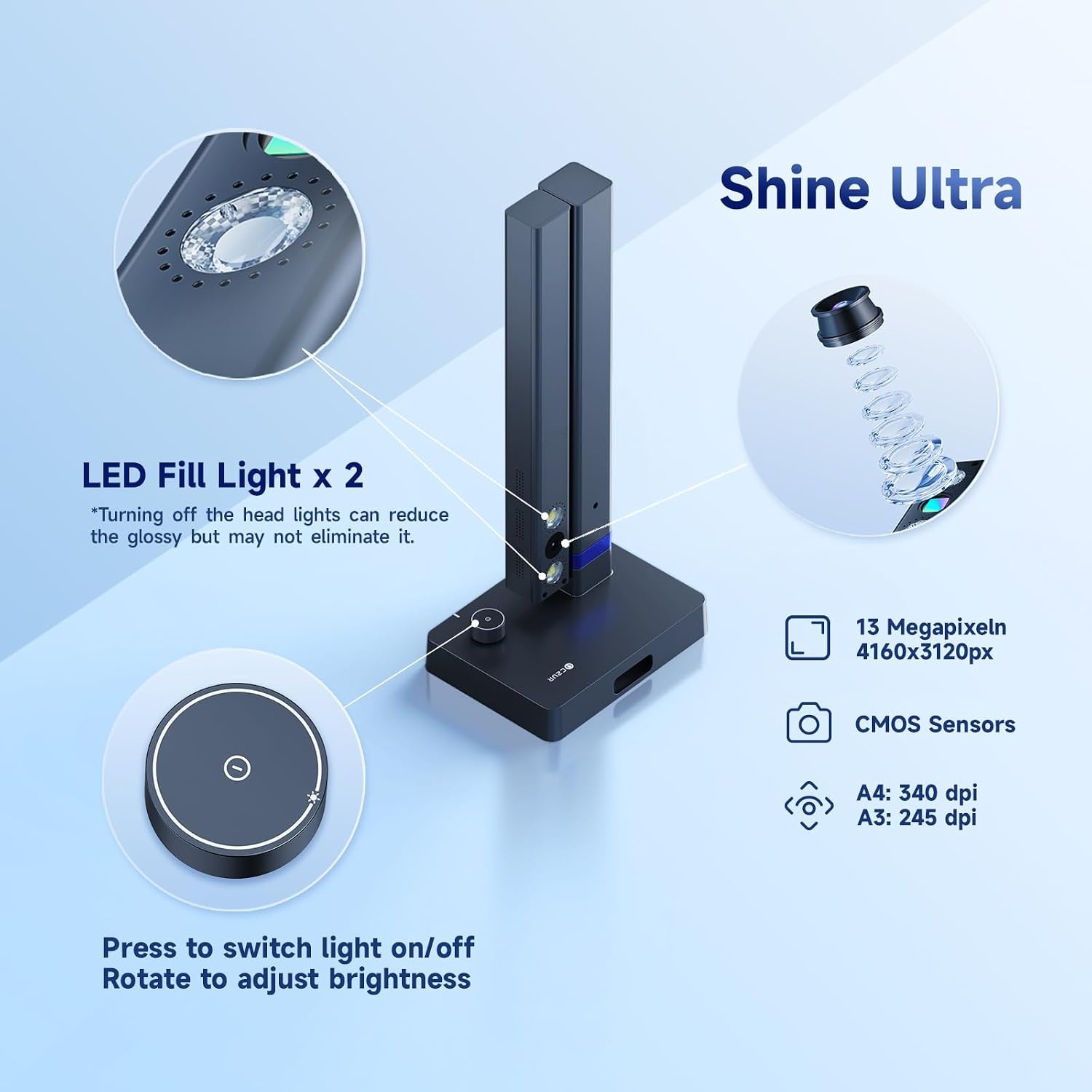 CZUR Shine Ultra Book Scanner 13MP Draagbare documentenscanner, A4/A3-scanner, hogesnelheidsscannen voor thuis, bibliotheken, scholen en kantoren. CZUR-scanner ondersteunt Windows/macOS/Linux. - Maat 13 Megapixel