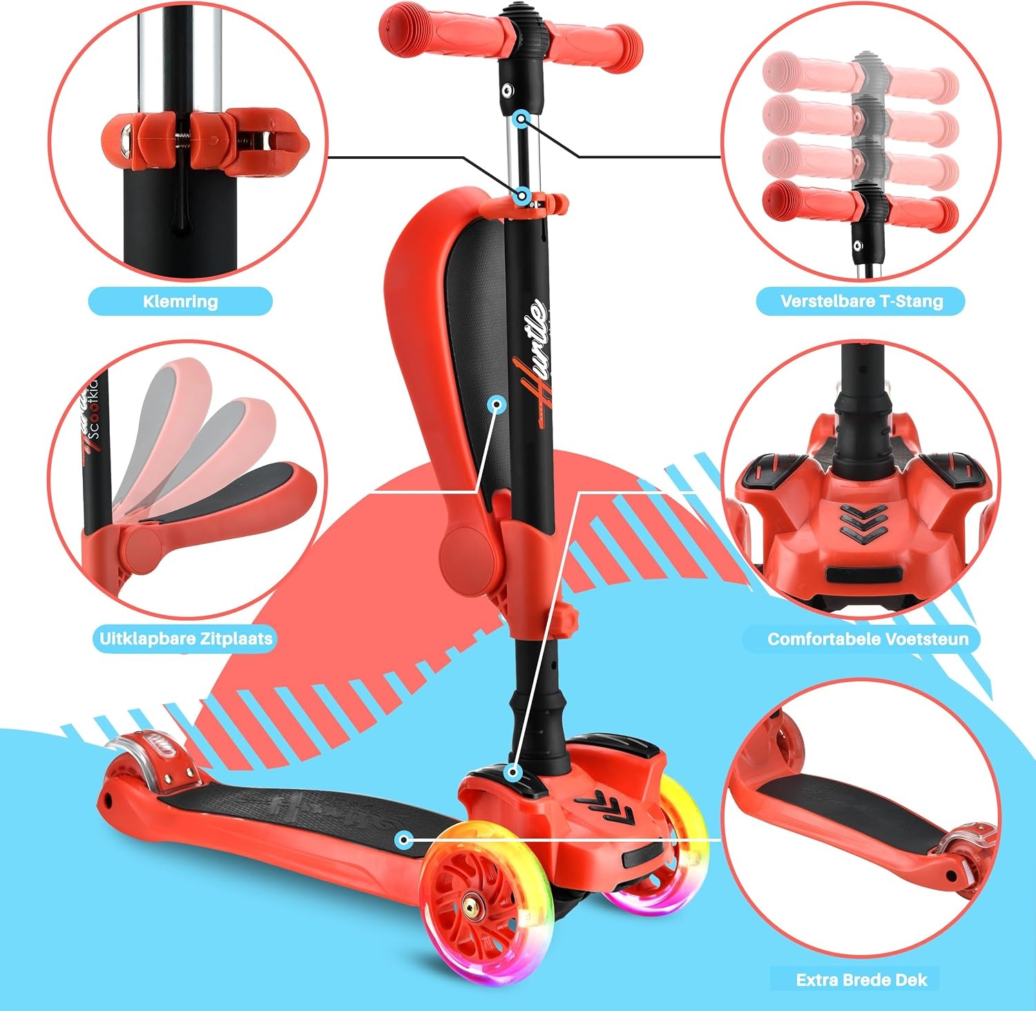 Hurtle Kinderstep,3-wiel Step,Opvouwbare Scooter met Verstelbare Hoogte,Antislip Platform,LED Verlichte Wielen,Step voor Meisjes/Jongens