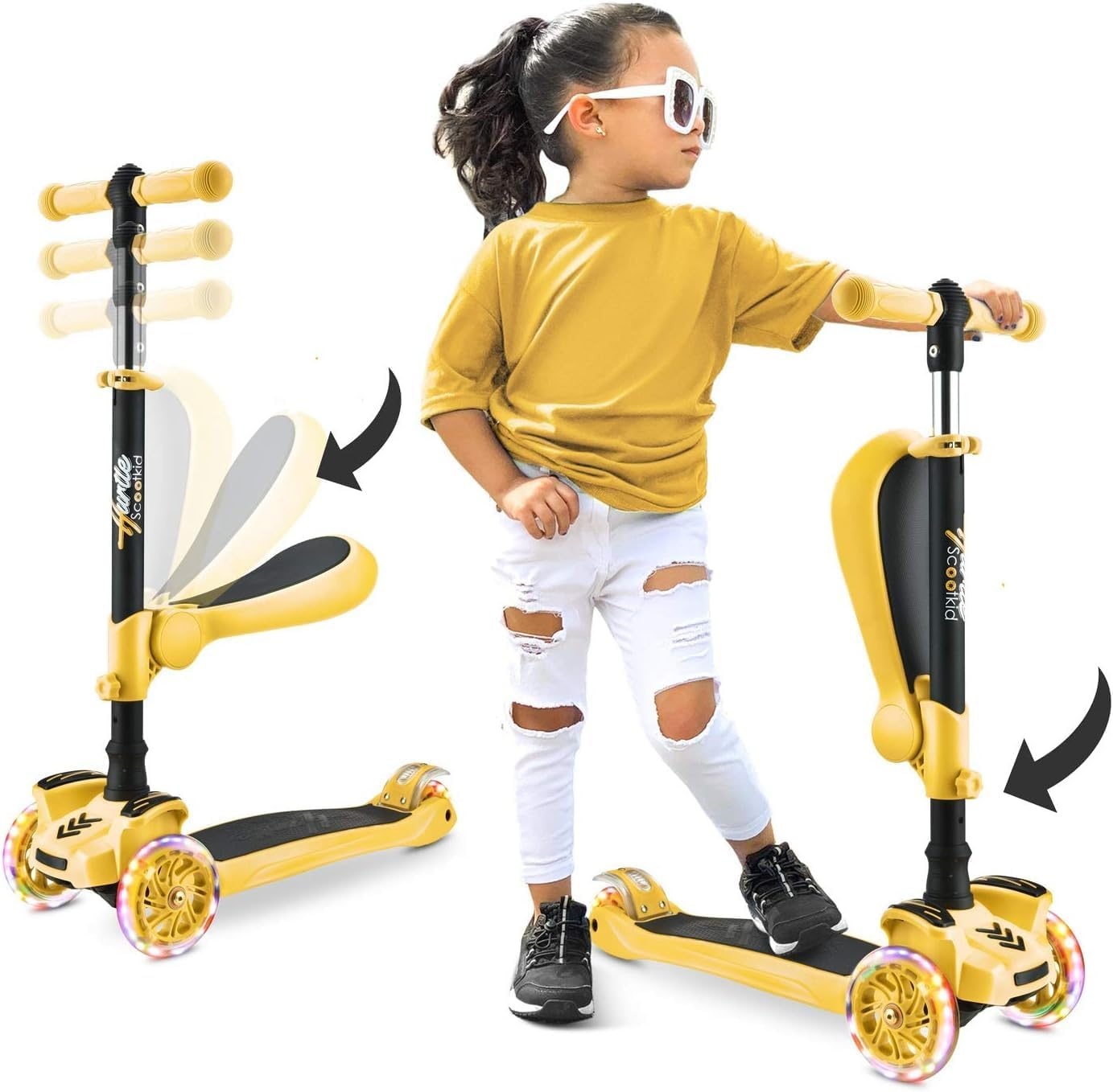 Hurtle Kinderstep,3-wiel Step,Opvouwbare Scooter met Verstelbare Hoogte,Antislip Platform,LED Verlichte Wielen,Step voor Meisjes/Jongens