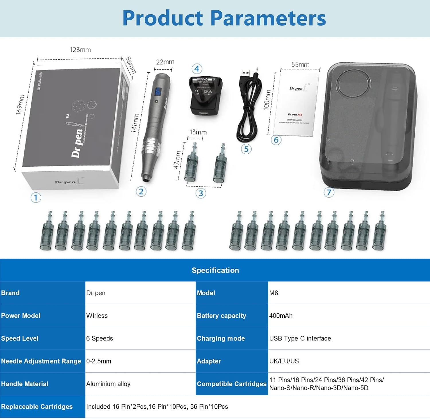 Dr.pen Microneedling, Professionele Ultima M8 Draadloze Micro Microneedling Pen met 12 Stks 16 Pin & 10 Stks 36 Pin Vervangende Cartridges Naalden, Magic Skin Care Kit voor Gezicht Neck Body