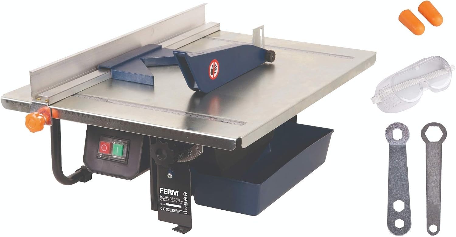FERM Tegelsnijder 900W - 2950/min - 200mm diamantschijf - watergekoeld zaagblad - 0-45 graden verstelbaar, zwart, blauw, RVS