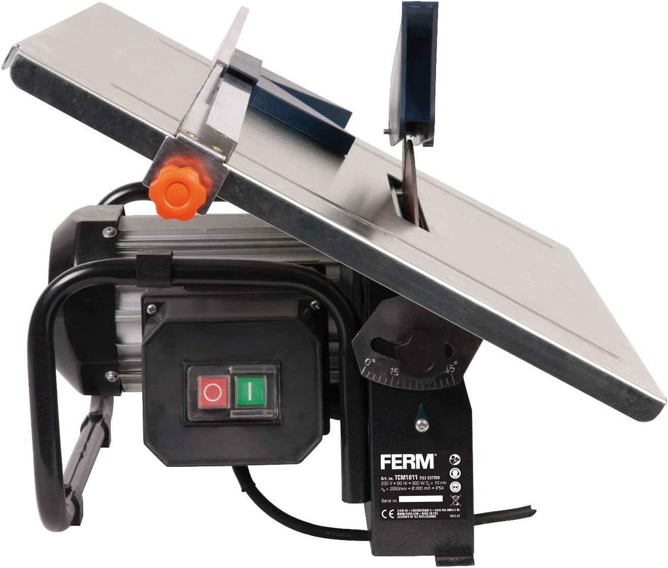 FERM Tegelsnijder 900W - 2950/min - 200mm diamantschijf - watergekoeld zaagblad - 0-45 graden verstelbaar, zwart, blauw, RVS